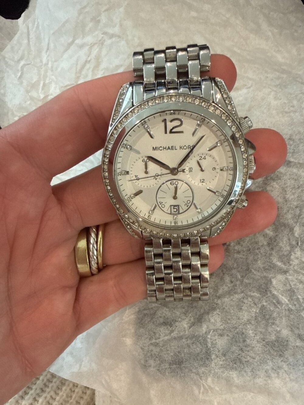 Michael Kors Chronograph Watch MK-5384 Silver Crystal White Dial Steel Bracelet